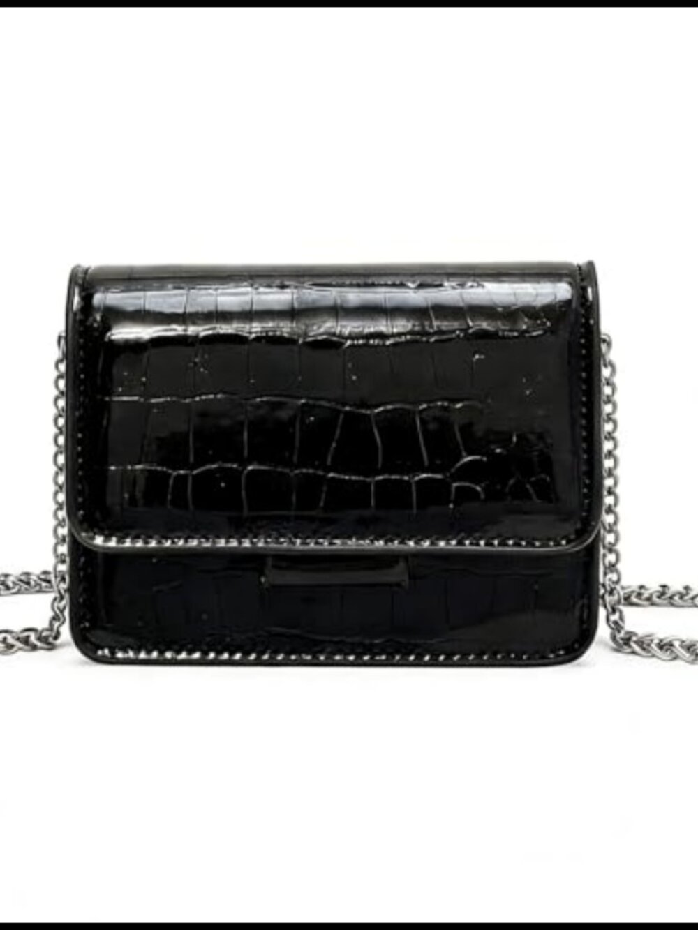 Mini Crossbody Patent Leather Crocodile Purse Silver Chain Clutch